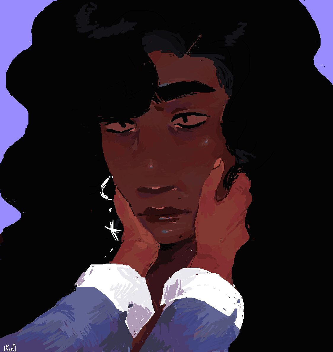 A digital illustration of a dark-skin black woman whose face is held by a pair of hands