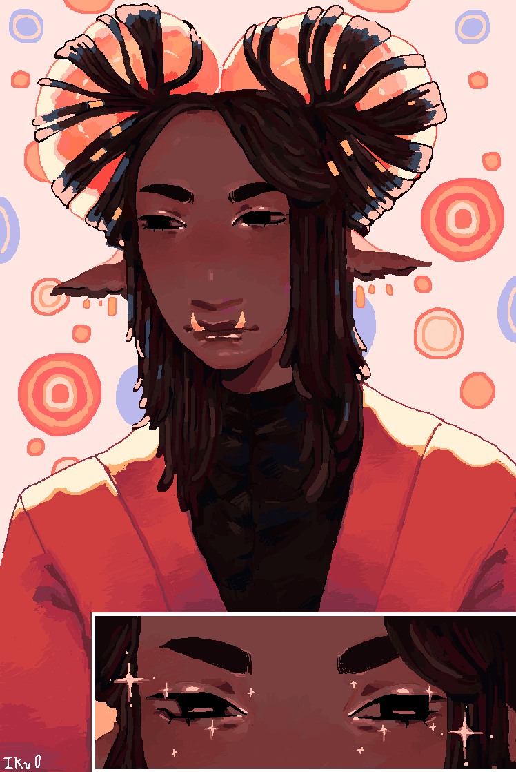 A digital illustrated portrait of a dark-skin character with locs and horns