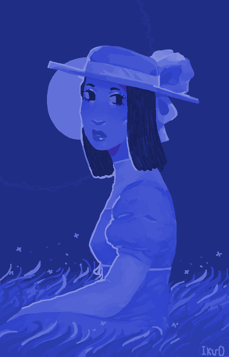 A digital illustration of a black woman drawn in a blue monochrome pallete