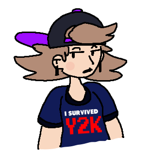 A white woman wearing a shirt that reads: I survived y2k