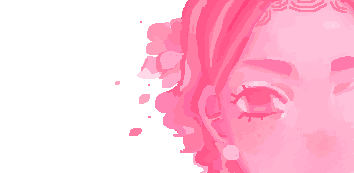 A banner that shows half of a woman's face. It's drawn in a pink colour palette